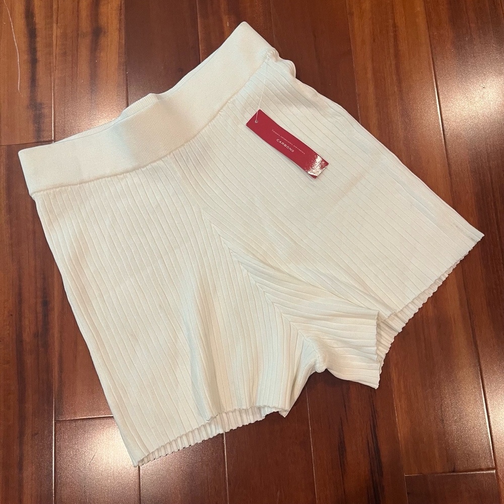 CARBON38 Rib Knit Shorts Ivory Off White Stretch Pull On Lounge New NWT Sz Small
